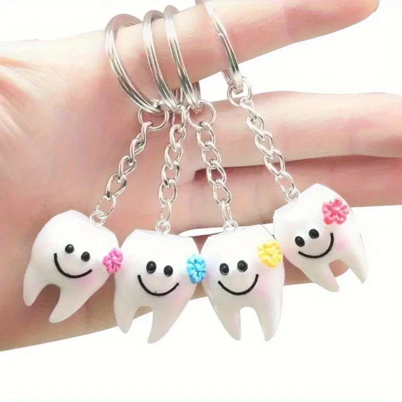 Cute Tooth-Shaped Keychains - Resin joyful Face & Flower Decor Key Rings 1 Pcs